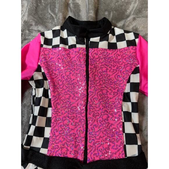 Revolution Costumes Dance‎ Checkered Hot Pink Shorts Long Sleeve Zip Skirt - Picture 6 of 8